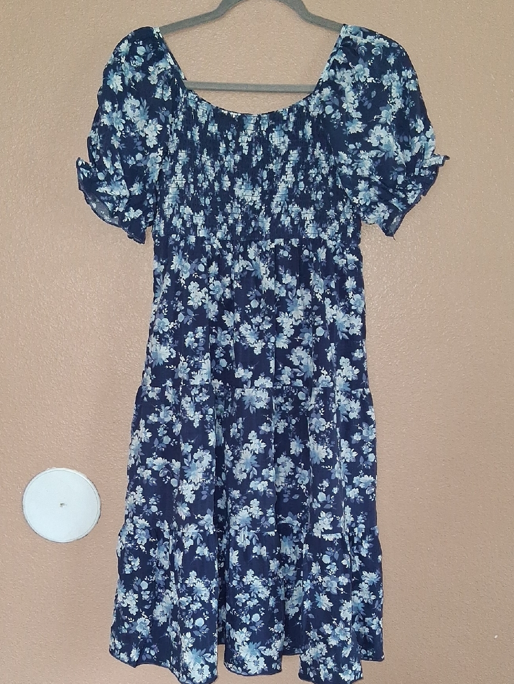 lilt Navy Blue Floral Puff-Sleeve Casual Dress